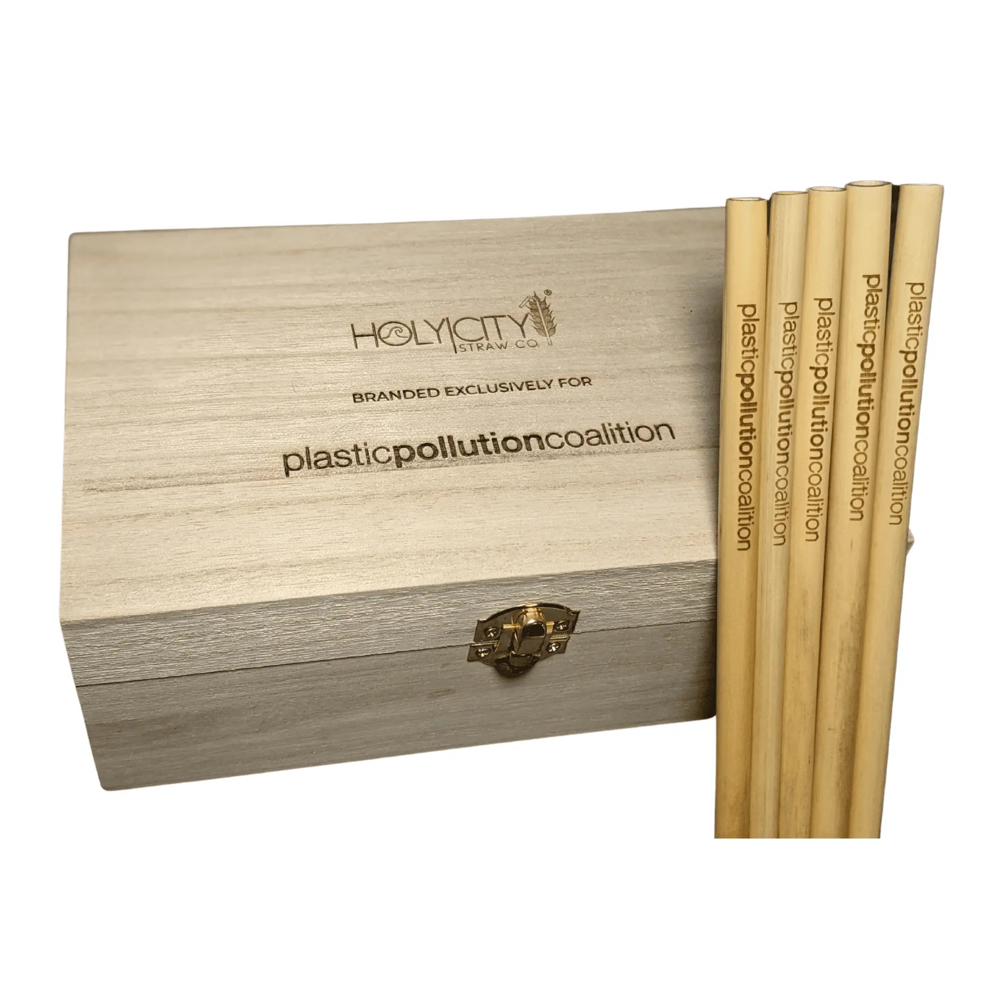 Plastic Polutiom Coalition Custom Branded-Straw-Holder Box with Laser Engraved Straws resting on Top
