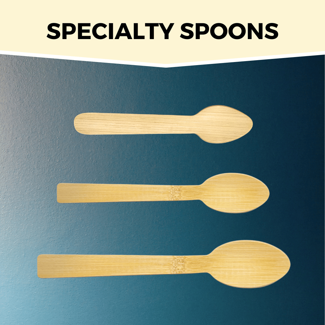 Image of three specialty bamboo spoons arranged vertically on a gradient background. Each spoon has a unique shape: pointed, oval, and rounded. The text 'SPECIALTY SPOONS' is displayed at the top.