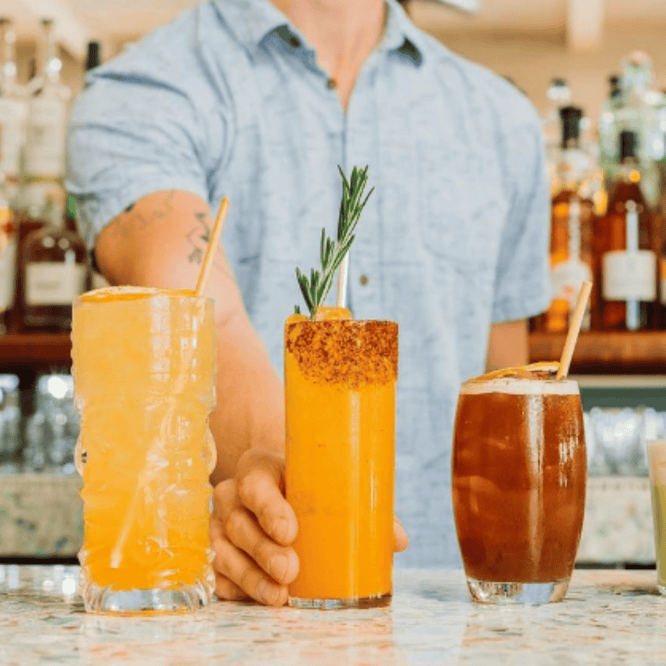 A bartender is serving three colorful cocktails, each featuring bamboo-like straws. The drinks have different garnishes, like rosemary sprigs and dried citrus slices, adding variety to the display. The bartender is positioned in front of a well-stocked bar, creating a stylish setting.