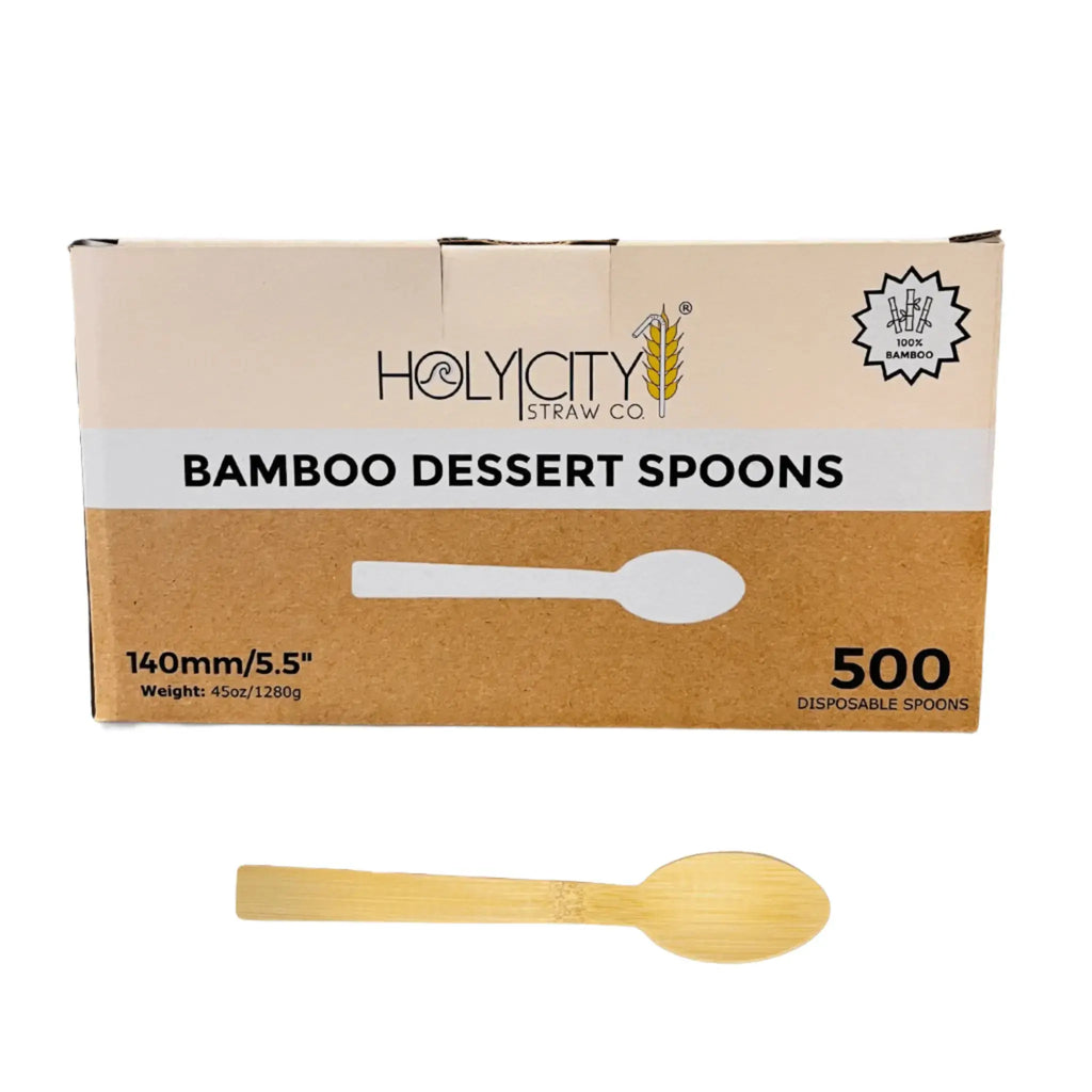 Box of Holy City Straw Company Wrapped Bamboo Dessert Spoons 500 disposable spoons