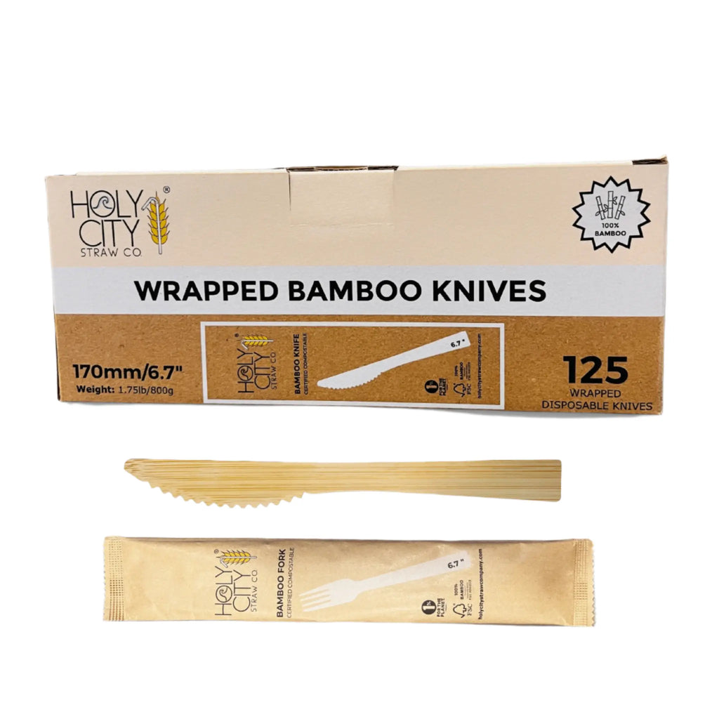 Box of Holy City Straw Company Wrapped Bamboo Knives 125 disposable knives each individually wrapped