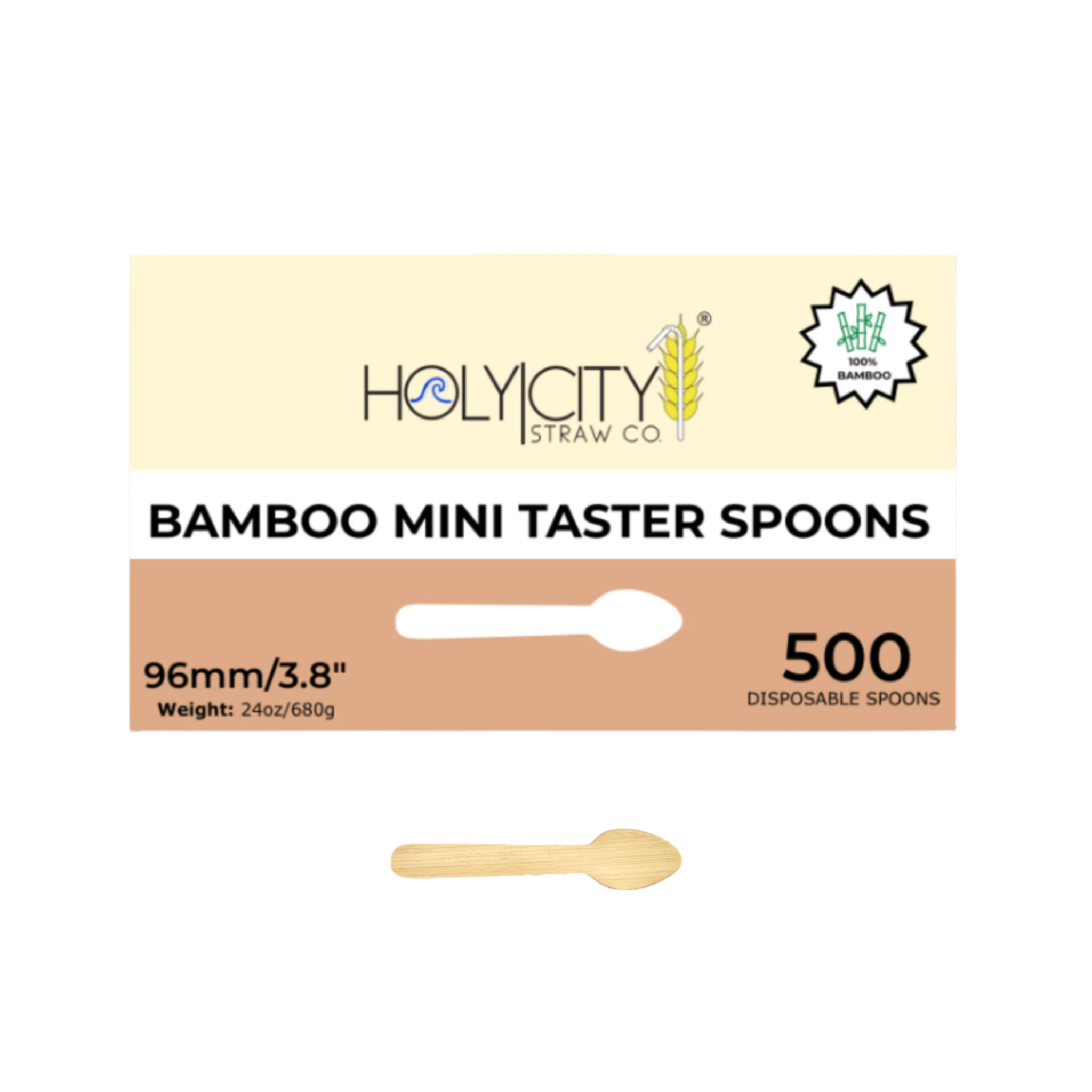 Box of Holy City Straw Company Wrapped Bamboo Mini Taster Spoons 500 disposable spoons