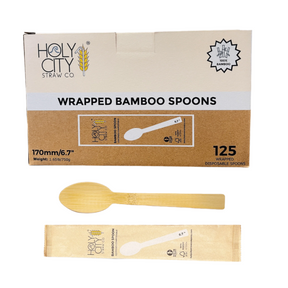 Box of Holy City Straw Company Wrapped Bamboo Spoons 125 disposable spoons each individually wrapped