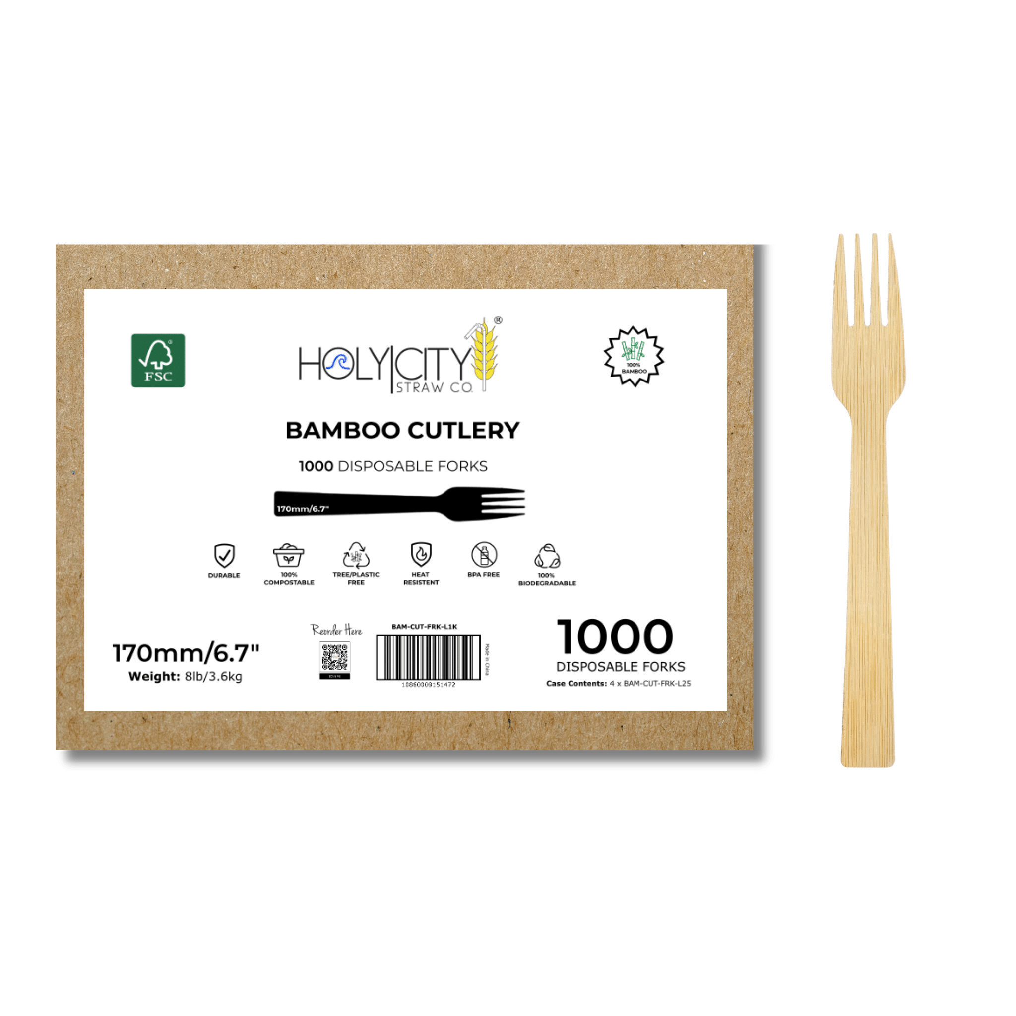 Case of  1000 Holy City Straw Co. disposable bamboo forks with a single bamboo fork beside it, highlighting features like durability, compostability, and being BPA-free