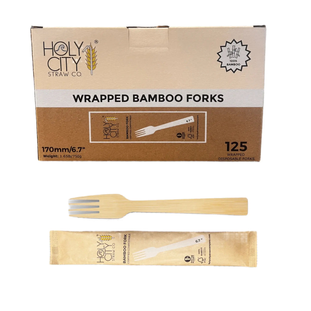 Holy City Straw Co Bamboo Cutlery 170mm Fork Wrapped 125ct front