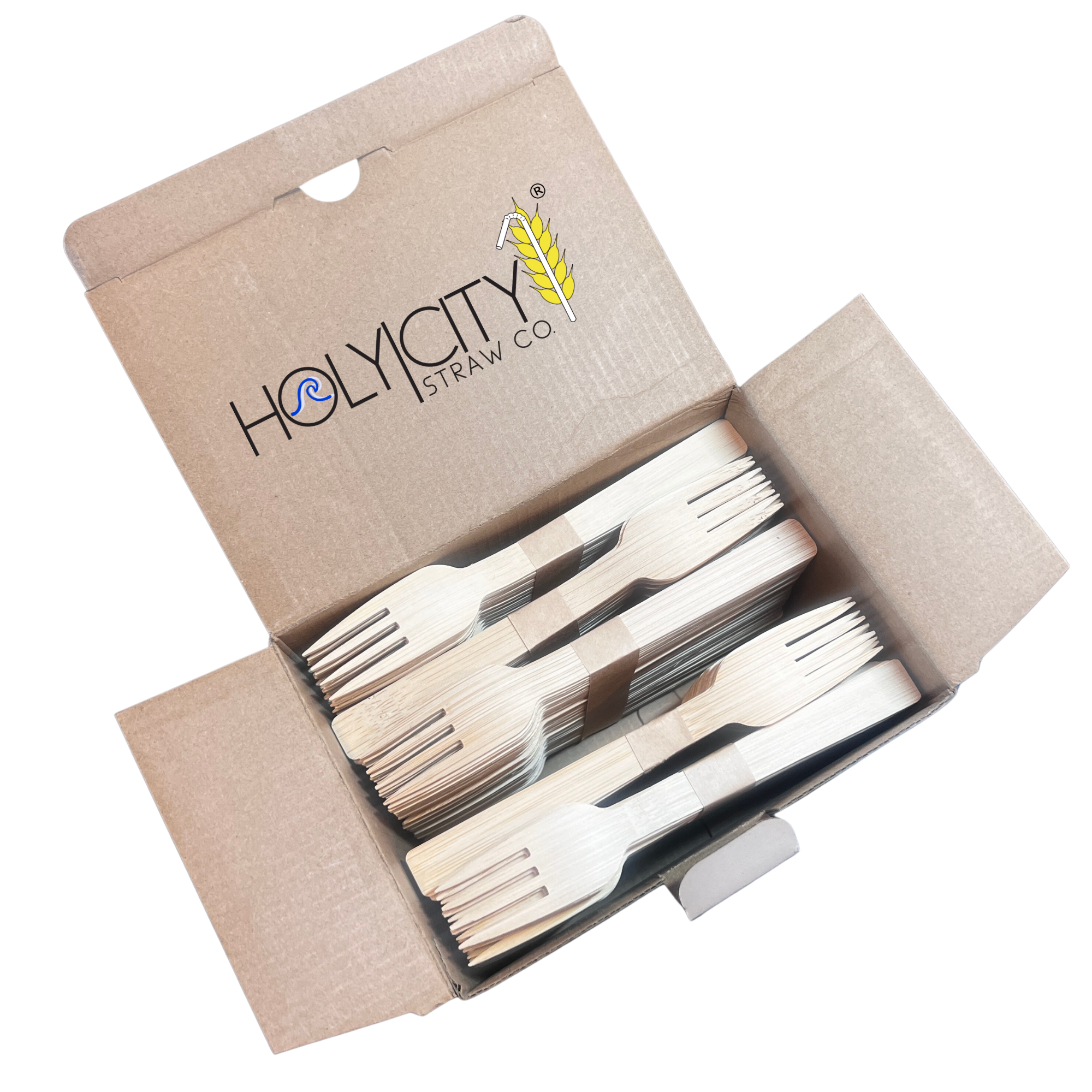 Holy City Straw Co. 250 count Open box containing unwrapped bamboo forks neatly stacked inside.