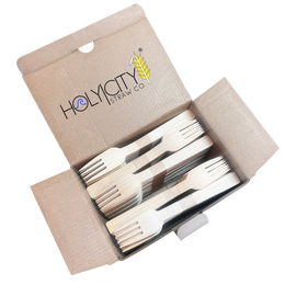 Holy City Straw Co. 250 count Open box containing unwrapped bamboo forks neatly stacked inside.