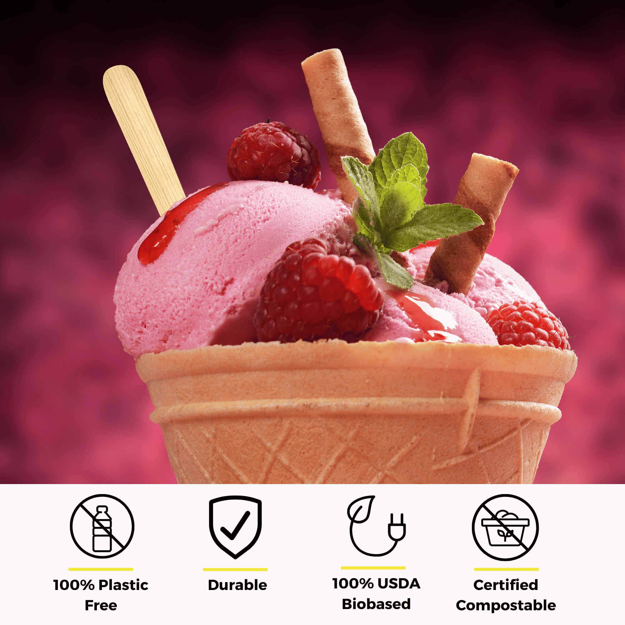 A waffle cone filled with strawberry ice cream topped with fresh raspberries, a sprig of mint, and a rolled wafer, with an unwrapped bamboo dessert spoon from Holy City Straw Co. inserted into the scoop. Below the cone are icons with text stating 