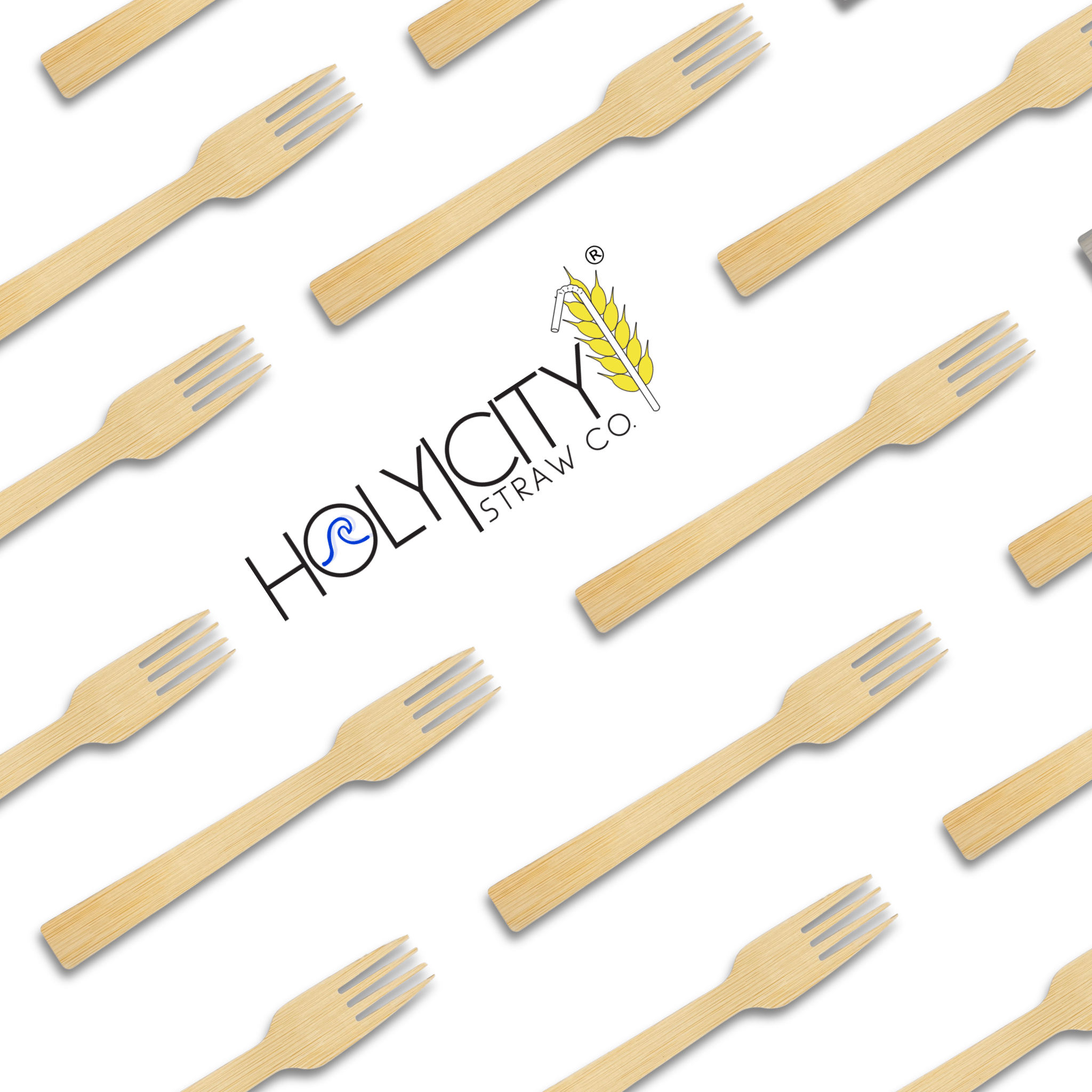 Pattern of unwrapped bamboo forks arranged neatly, with Holy City Straw Co. logo in the center.