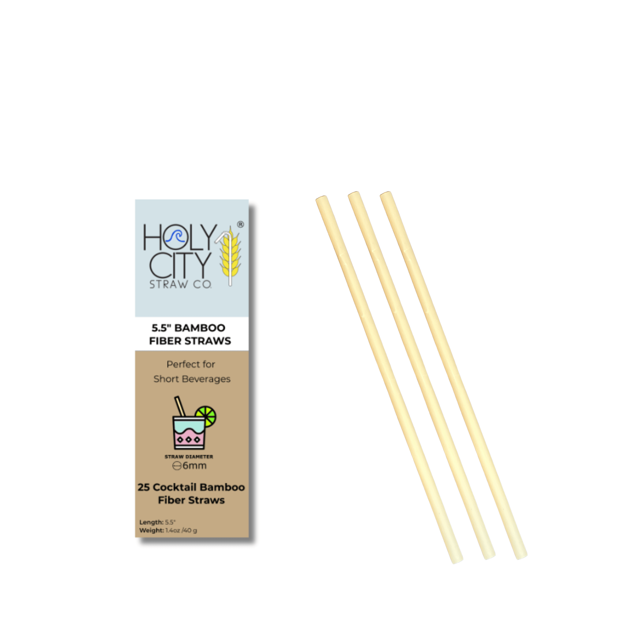 Holy City Straw Co. 5.5-inch bamboo fiber cocktail straws 25-count pack with three natural-colored straws displayed beside eco-friendly packaging designed for short beverages and featuring a 6mm straw diameter.