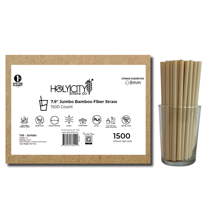 Case of 7.9-inch Jumbo Bamboo Fiber Straws by Holy City Straw Co., labeled 1500 count, featuring eco-conscious packaging with product icons and a display glass of unwrapped 8mm straws.