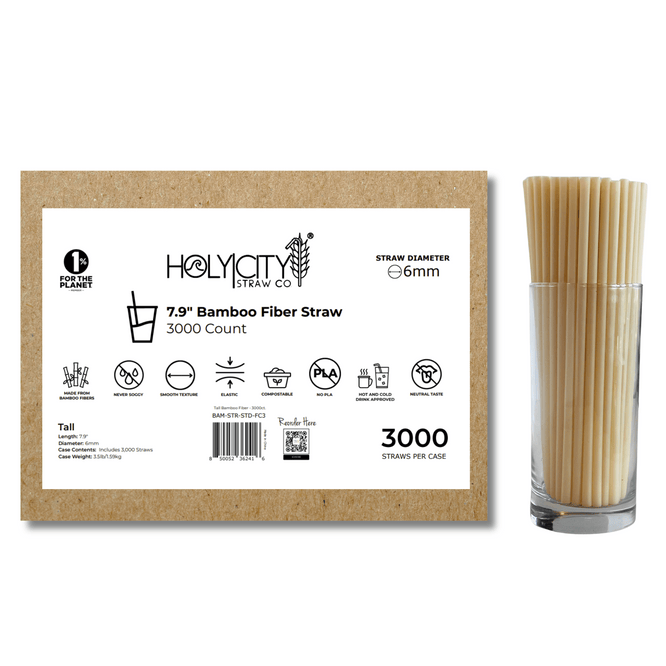 3000-count case of unwrapped 7.9-inch 6mm bamboo fiber straws by Holy City Straw Co., displayed beside a glass full of tall, unwrapped natural straws with compostable and PLA-free labeling.

