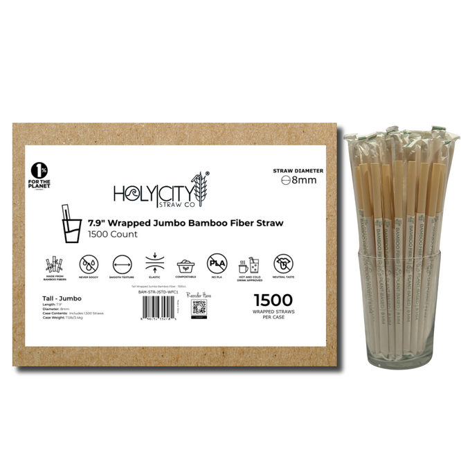 Holy City Straw Co. 7.9-inch wrapped Jumbo Bamboo Fiber Straws, 1500 count box shown with individually wrapped plant-based straws in a glass, highlighting compostable and PLA-free features.