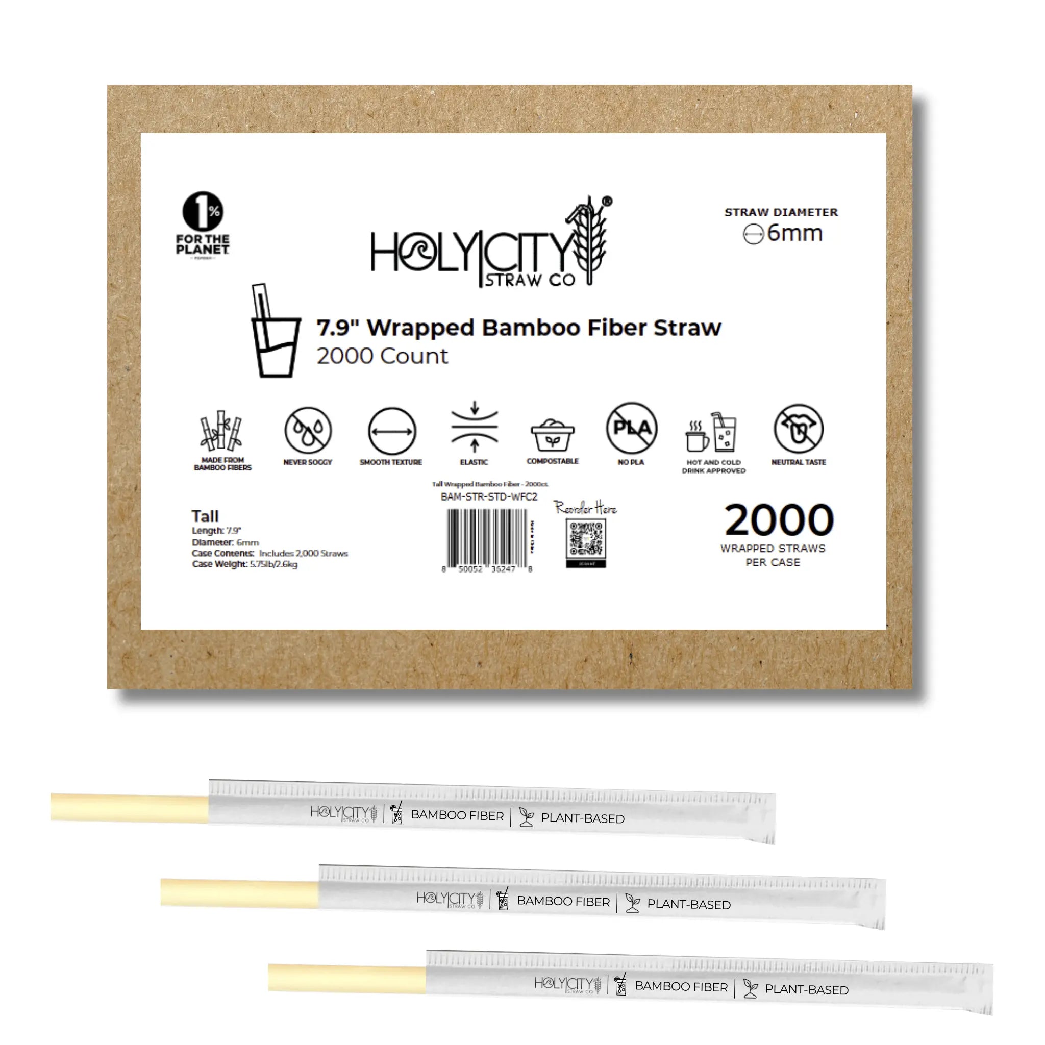 7.9-inch wrapped bamboo fiber straws by Holy City Straw Co, 2000-count package with a 6mm diameter. Crafted from plant-based bamboo fiber, these straws are designed to blend sustainability and affordability.