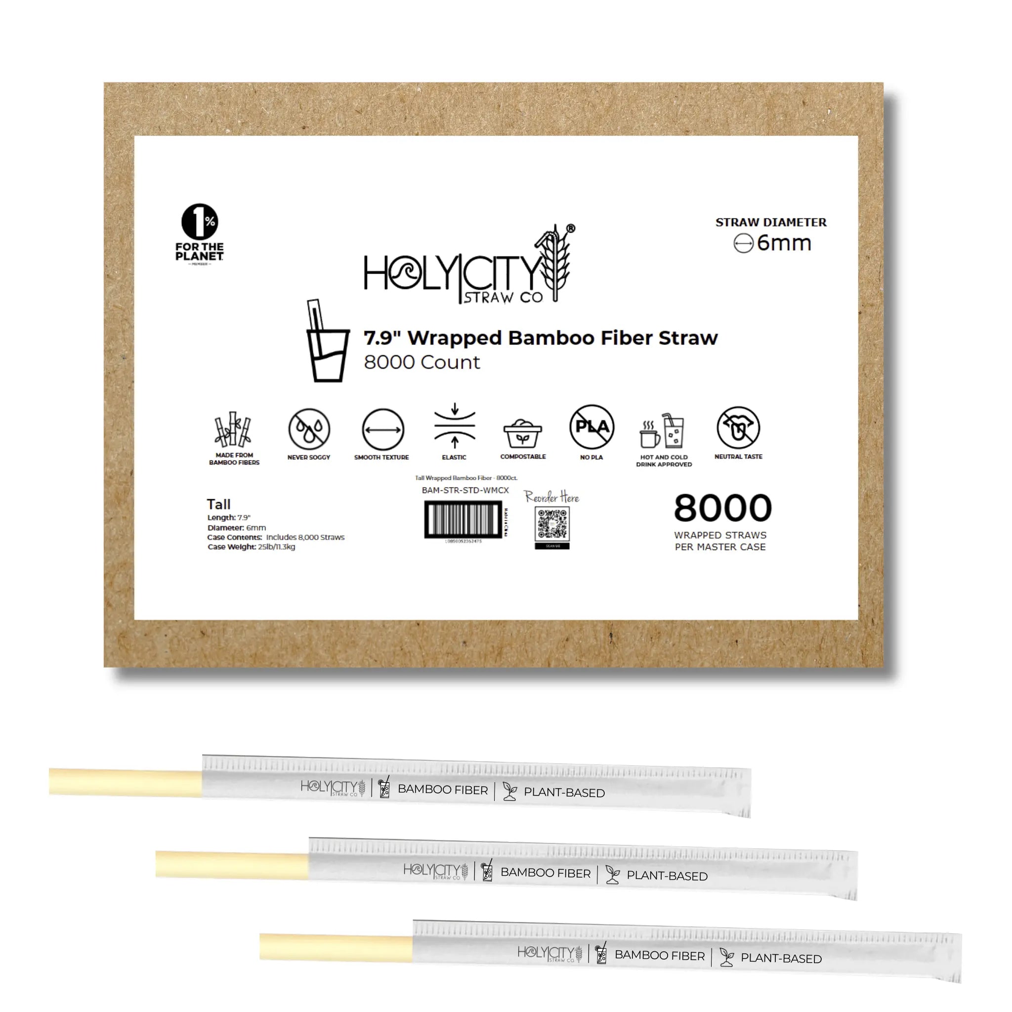 7.9-inch wrapped bamboo fiber straws by Holy City Straw Co, 8000-count package with a 6mm diameter. Crafted from plant-based bamboo fiber, these straws are designed to blend sustainability and affordability