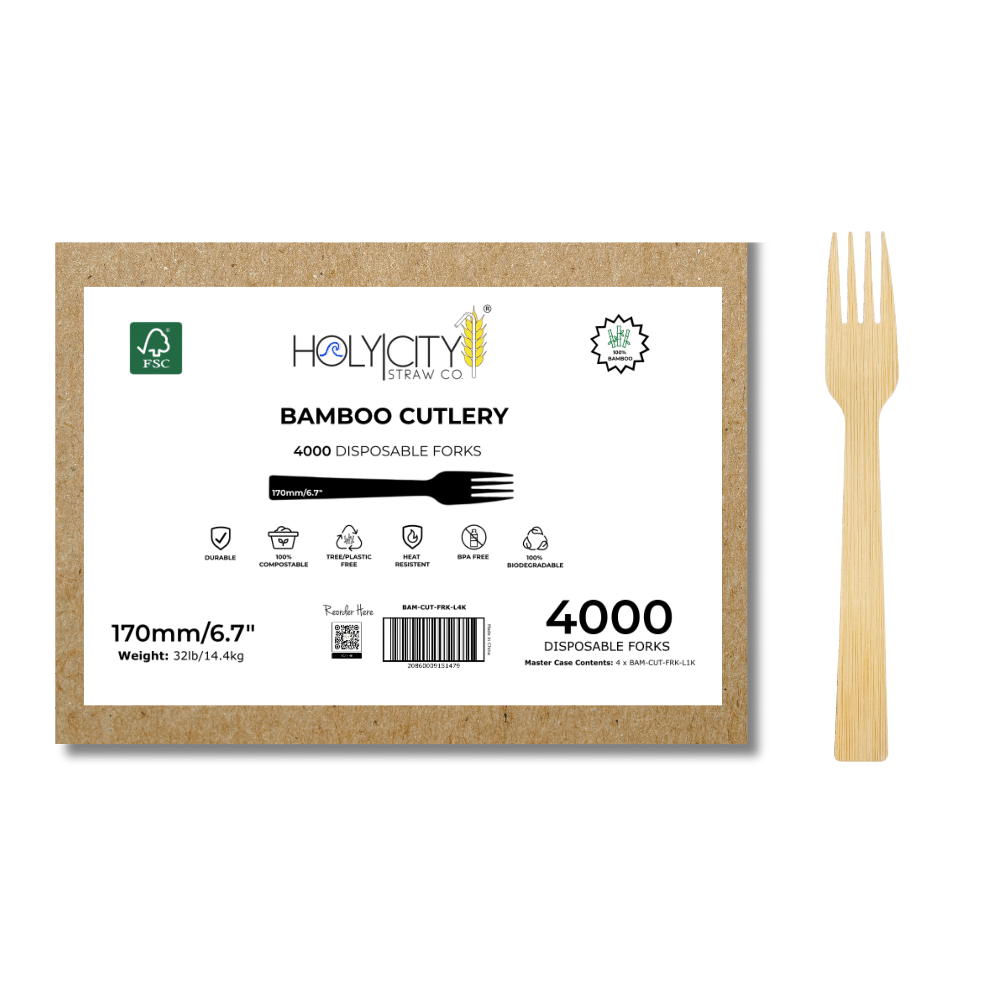 Master Case of  4000 Holy City Straw Co. disposable bamboo forks with a single bamboo fork beside it, highlighting features like durability, compostability, and being BPA-free