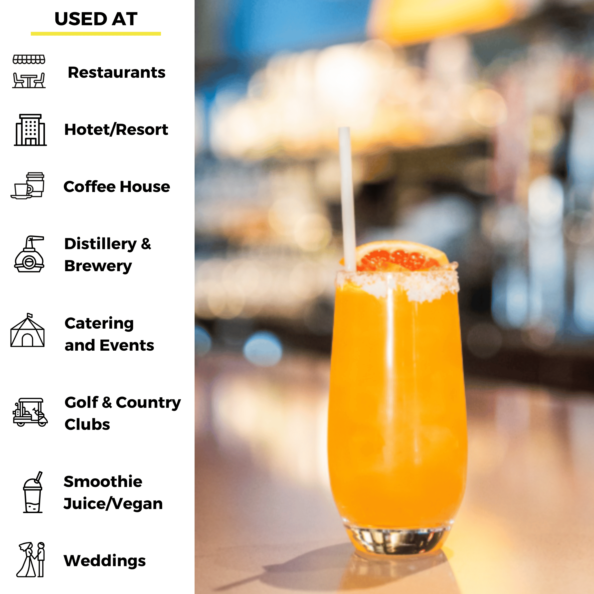 Tall orange beverage with grapefruit garnish and a bamboo fiber straw in a bar setting, placed next to icons listing common venues using the straws like restaurants, hotels, coffee houses, and golf clubs.