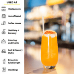 Tall orange beverage with grapefruit garnish and a bamboo fiber straw in a bar setting, placed next to icons listing common venues using the straws like restaurants, hotels, coffee houses, and golf clubs.