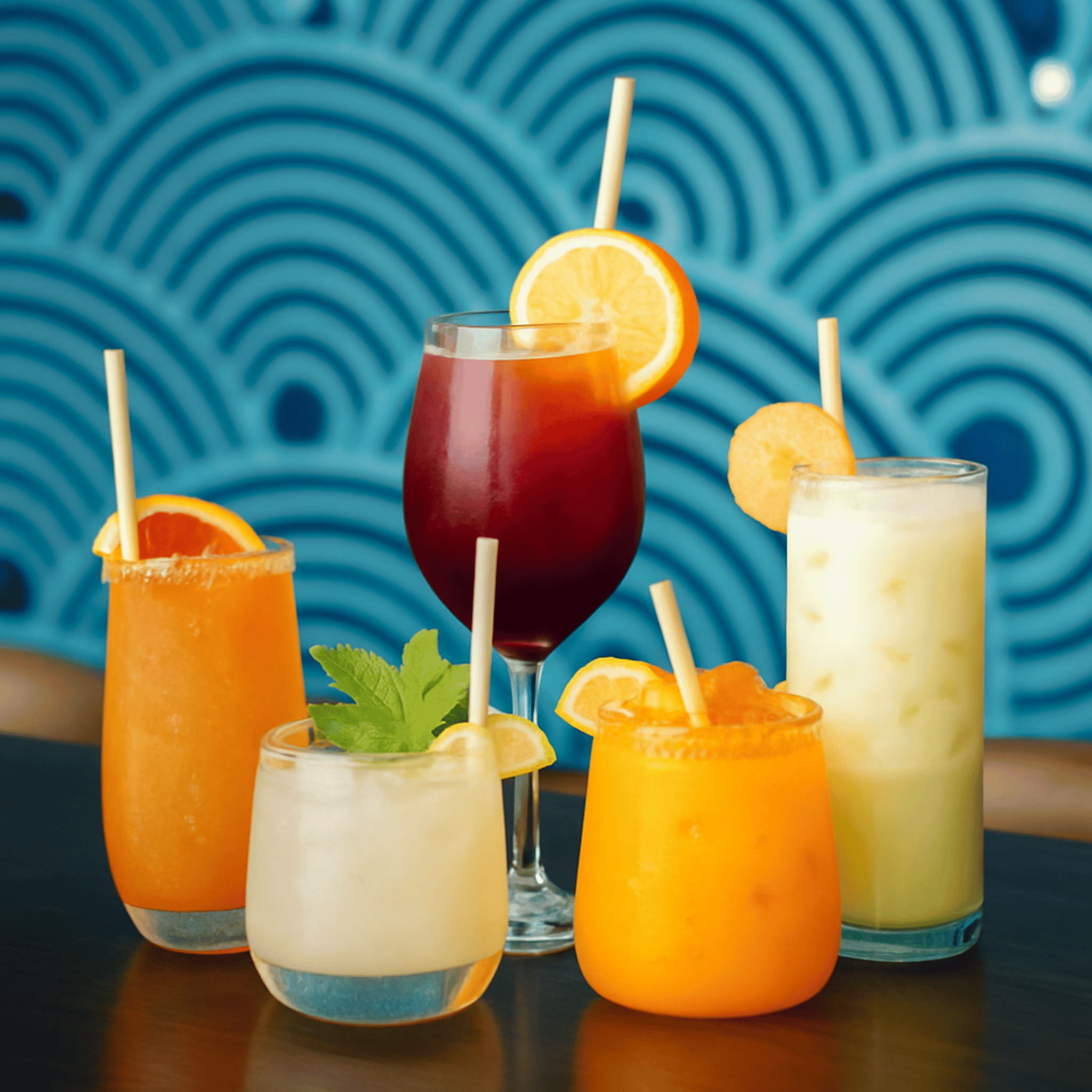 Assorted colorful cocktails with fruit and straws against a blue patterned background