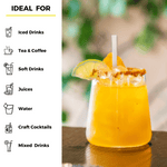Glass of iced orange cocktail with a lime wedge and bamboo fiber straw beside icons listing ideal drink pairings including iced drinks, tea, coffee, soft drinks, juices, water, craft cocktails, and mixed drinks.