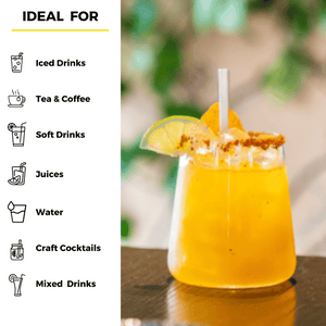 Glass of iced orange cocktail with a lime wedge and bamboo fiber straw beside icons listing ideal drink pairings including iced drinks, tea, coffee, soft drinks, juices, water, craft cocktails, and mixed drinks.