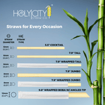 Holy City Straw Co. lineup of bamboo fiber straws displayed by type and diameter, including cocktail, tall, jumbo, wrapped, and boba straws alongside real bamboo stalks for visual comparison.