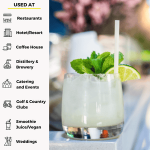Mint and lime cocktail with a bamboo fiber straw placed next to a list of venues using Holy City straws including restaurants, hotels, coffee houses, breweries, catering, golf clubs, smoothie bars, and weddings.