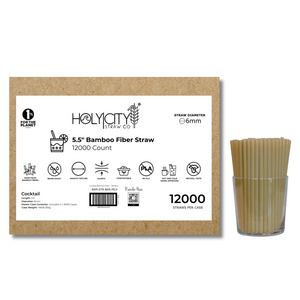 Holy City Straw Co. 12000-count case of 5.5-inch bamboo fiber cocktail straws with a 6mm diameter, shown with eco-friendly labeled packaging and a glass filled with short natural straws.