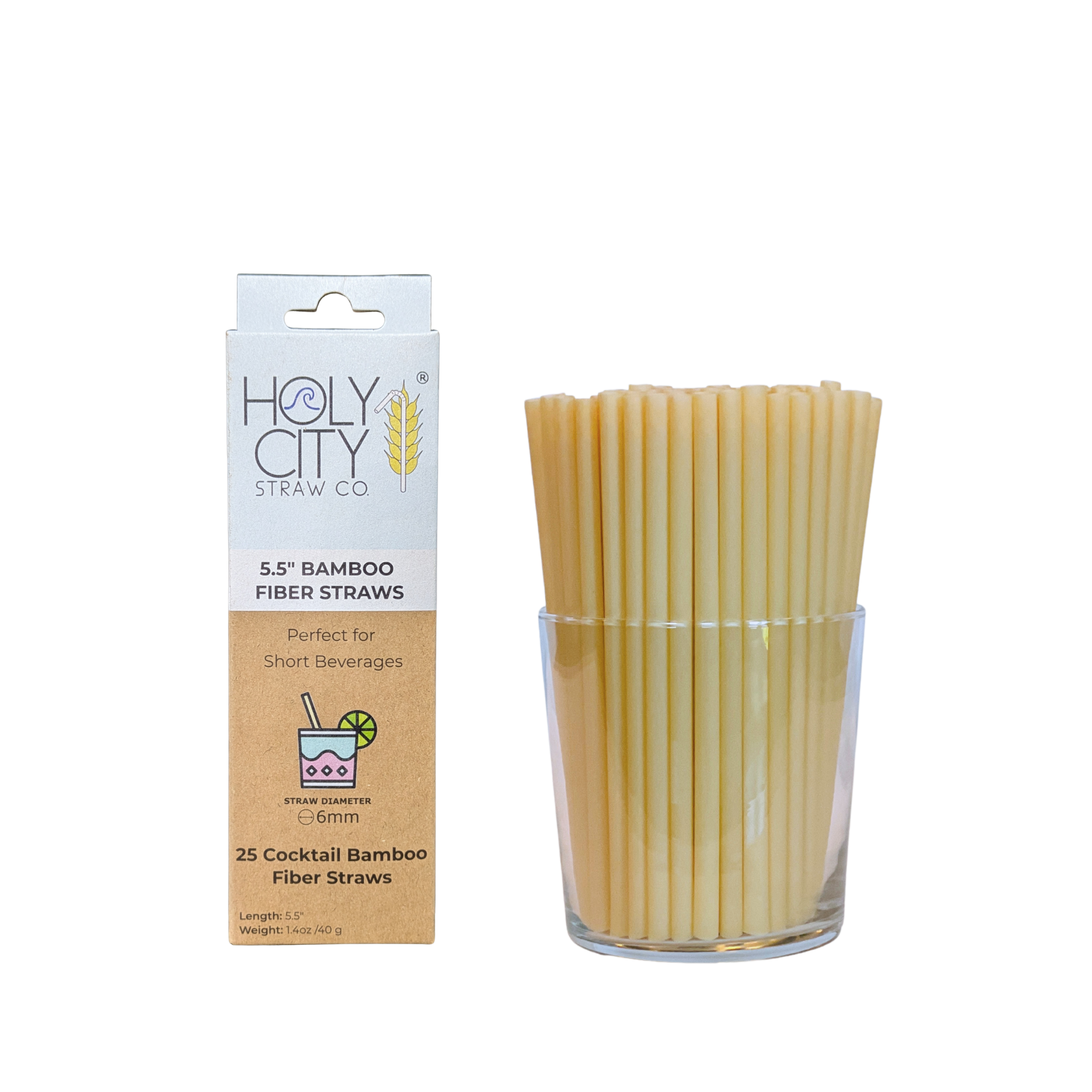 Holy City Straw Co. 5.5-inch bamboo fiber cocktail straws in a 25-count pack, shown with a full glass of natural straws beside eco-friendly retail packaging labeled for short beverages and 6mm diameter.