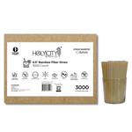 3000-count box of 5.5-inch bamboo fiber straws by Holy City Straw Co., featuring sustainable icons like compostable, never soggy, and PLA-free, with a glass displaying the unwrapped cocktail straws.