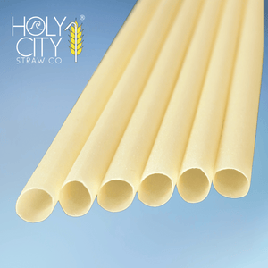 Close-up of natural bamboo fiber drinking straws from Holy City Straw Co. arranged in a fan pattern on a light blue background, showcasing smooth texture and sustainable material composition.