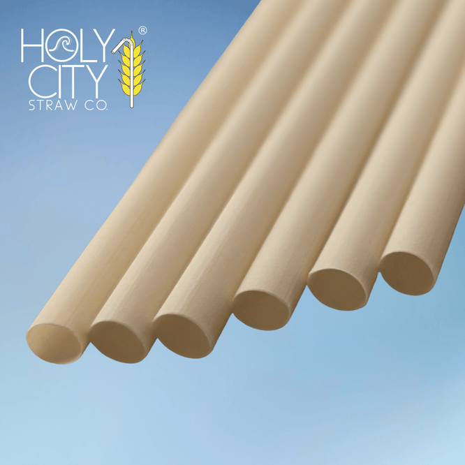 Close-up of natural bamboo fiber drinking straws from Holy City Straw Co. arranged in a fan pattern on a light blue background, showcasing smooth texture and sustainable material composition.