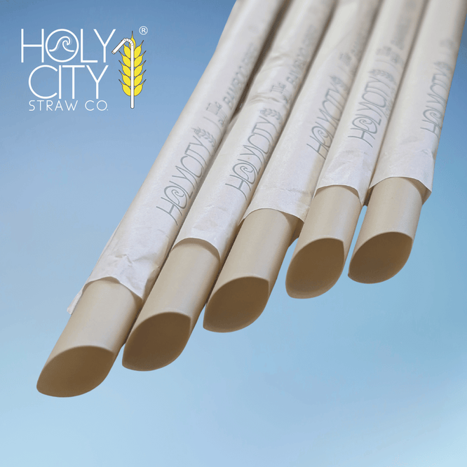 Holy City Straw Co. 12mm bamboo fiber boba straws with angled tips and eco-wrap, ideal for smoothies and bubble tea, fully compostable and plastic-free.