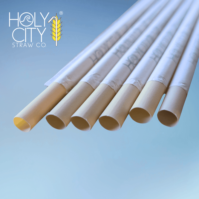 Wrapped 8mm bamboo fiber drinking straws from Holy City Straw Co., crafted for smoothies and milkshakes, featuring compostable paper wrapping.