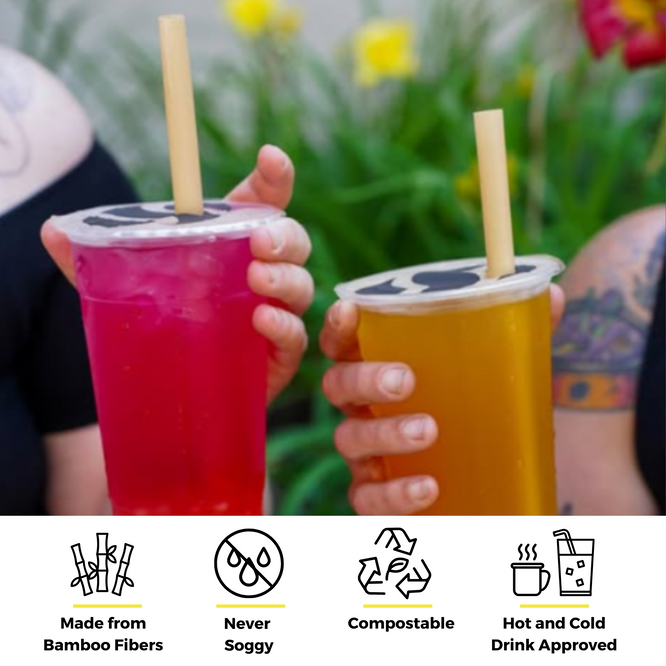 Two people holding iced drinks with bamboo fiber boba straws outdoors, emphasizing features like compostable, never soggy, and hot/cold drink approved.