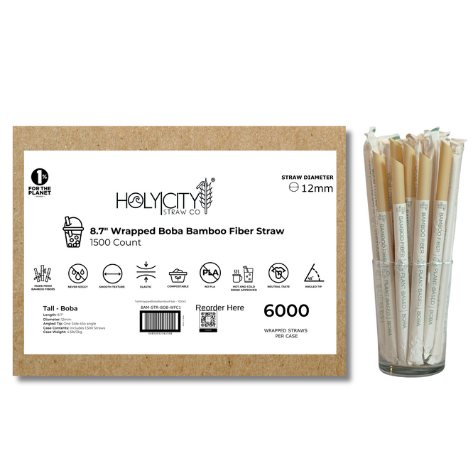 Case of 8.7-inch wrapped bamboo fiber boba straws from Holy City Straw Co., labeled 6000 count per case, with a glass display of individual straws showcasing eco-friendly, compostable packaging.