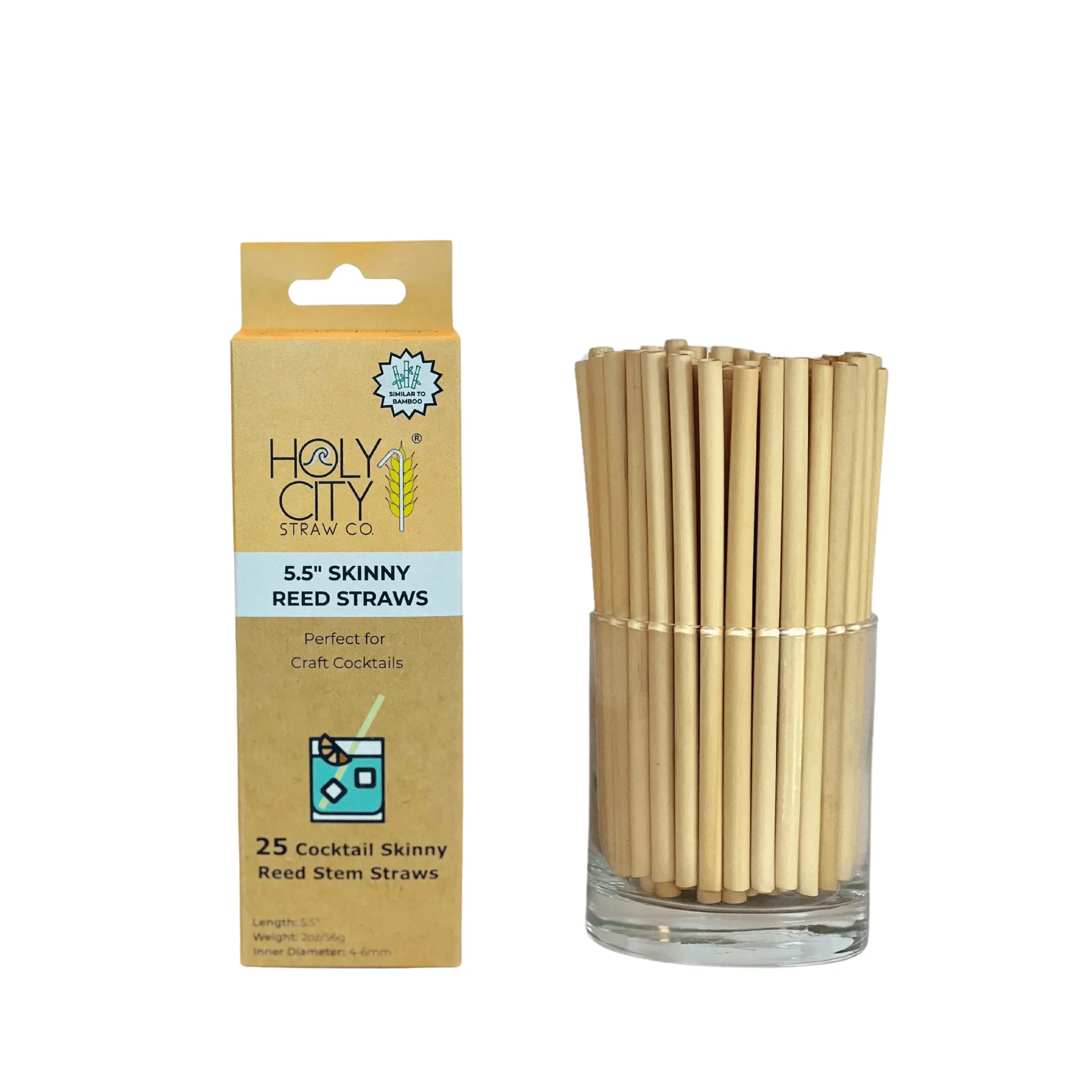 "Holy City Straw Co." with the product name "5.5'' Skinny Reed Straws," specifically noted for being "Perfect for Craft Cocktails." Below, it states there are 25 cocktail skinny reed stem straws included. To the right of the box is a clear glass container filled with the slender reed straws, neatly arranged upright. The overall presentation emphasizes the eco-friendly, natural appeal of the product.
