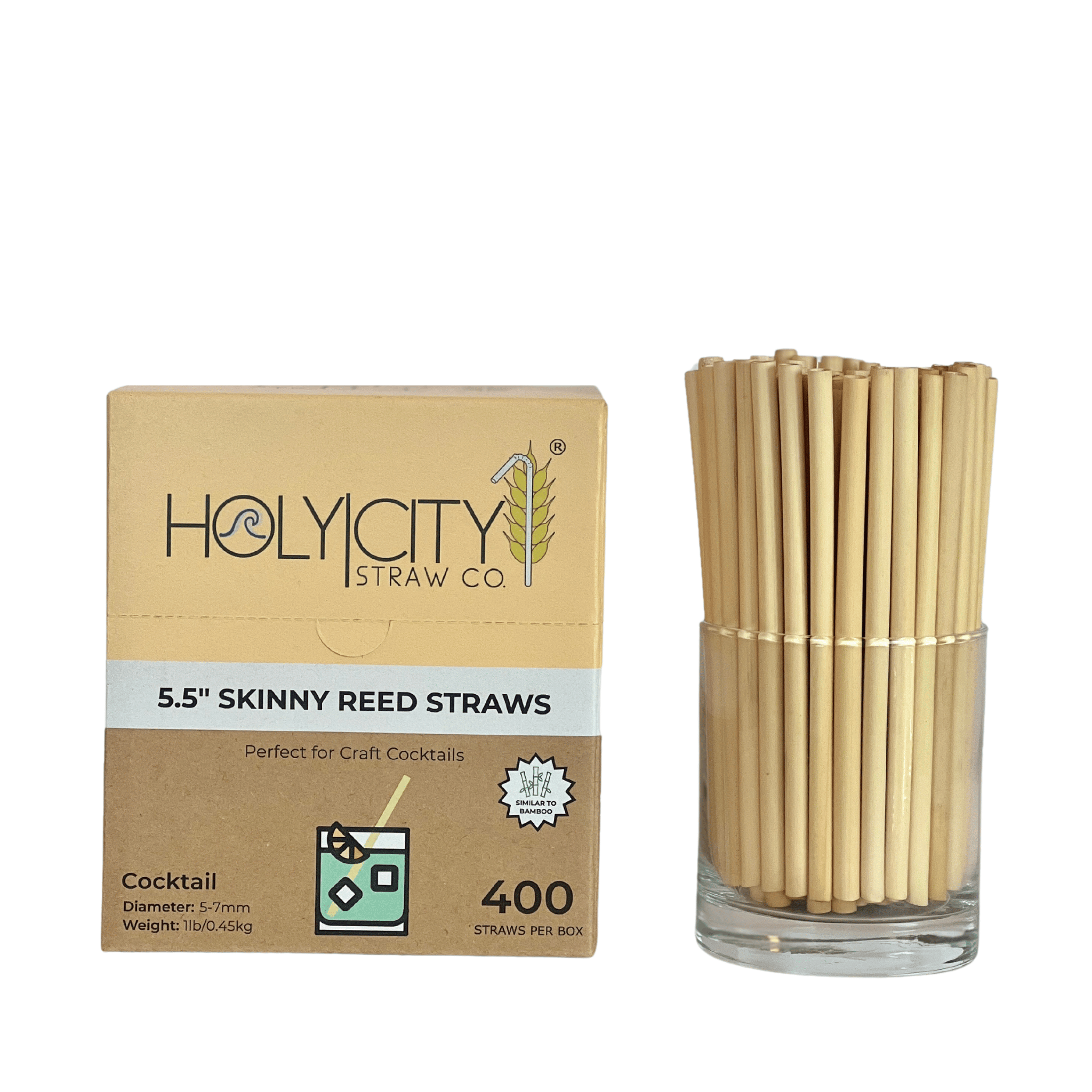 Holy City Straw Co. box of 400 5.5-inch skinny reed straws, perfect for craft cocktails, displayed next to a glass of straws.