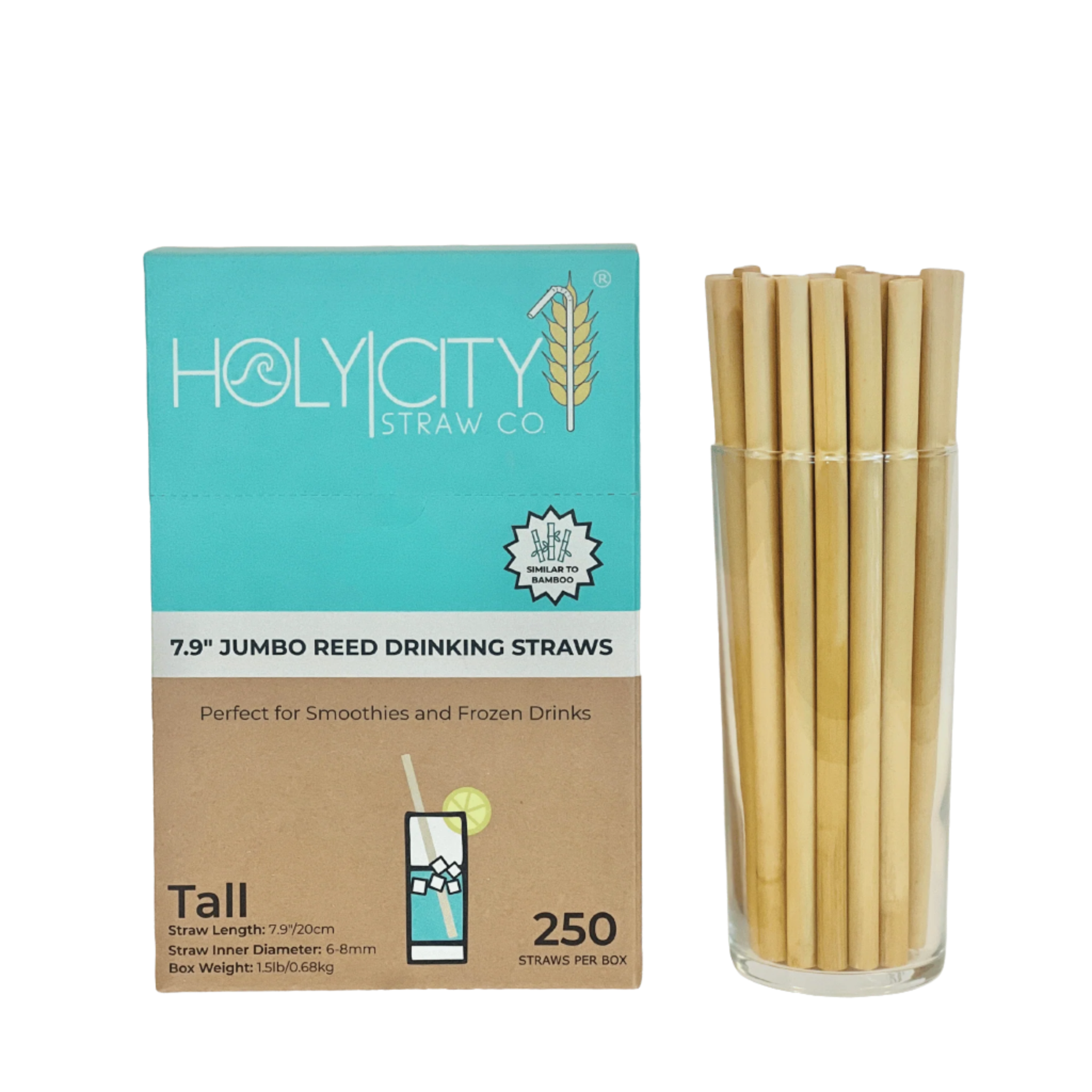 The image shows a box and a glass container of drinking straws from Holy City Straw Co. The box is primarily teal and brown with the brand logo and the text 