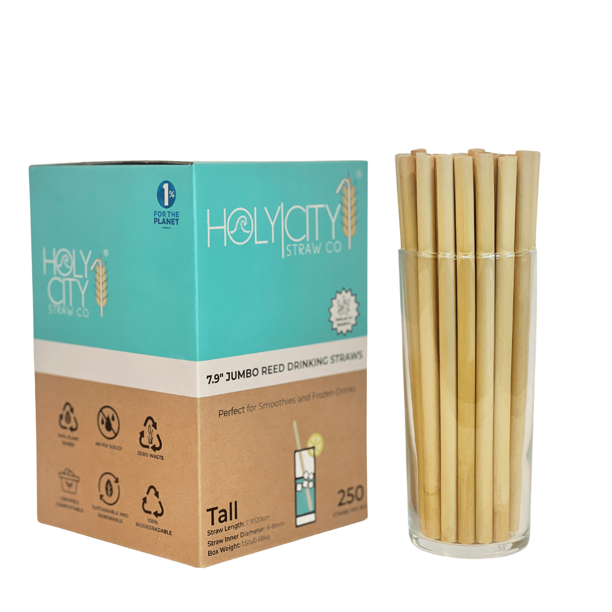 Left side view of Holy City Straw Co. box of 250 7.9-inch jumbo reed drinking straws, displayed next to a glass filled with straws, highlighting eco-friendly features.