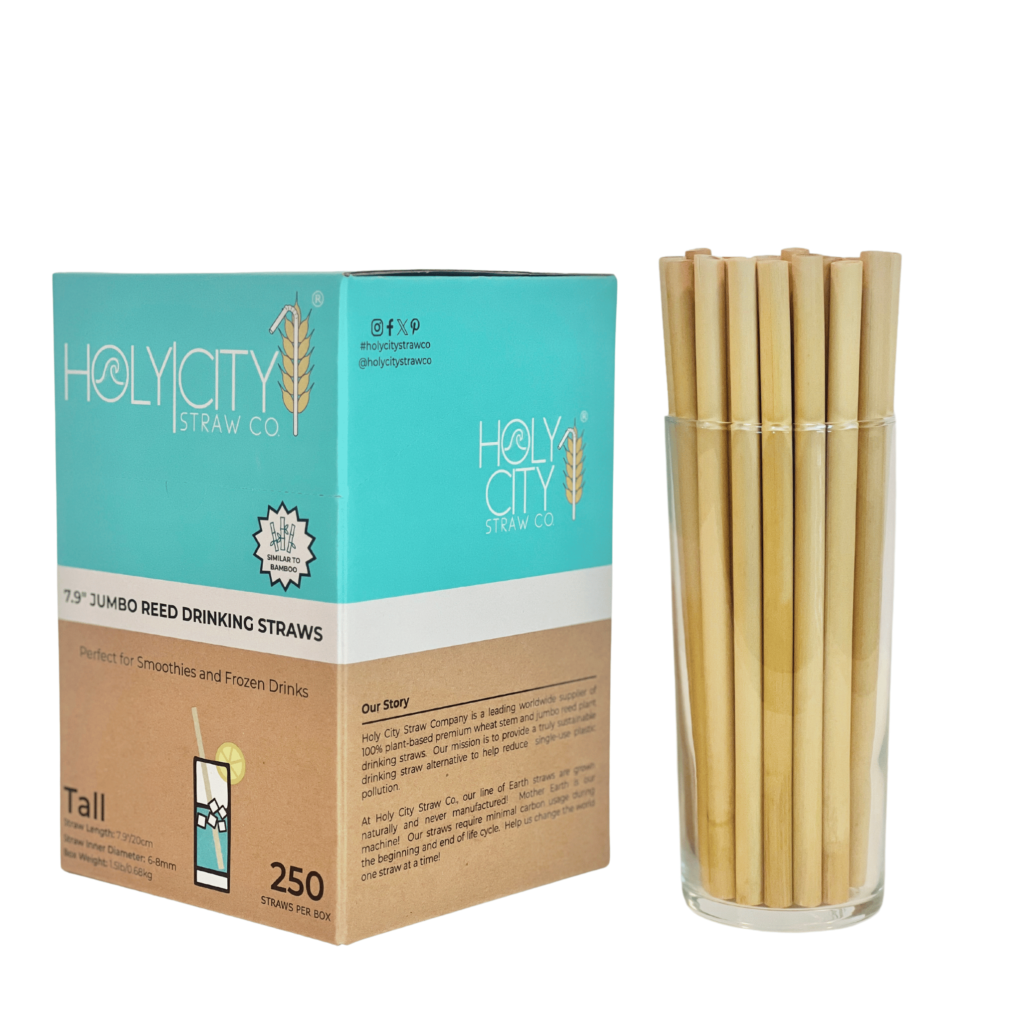 Right side view of Holy City Straw Co. box of 250 7.9-inch jumbo reed drinking straws, showcasing the company's story and eco-friendly practices, alongside a glass containing the straws.