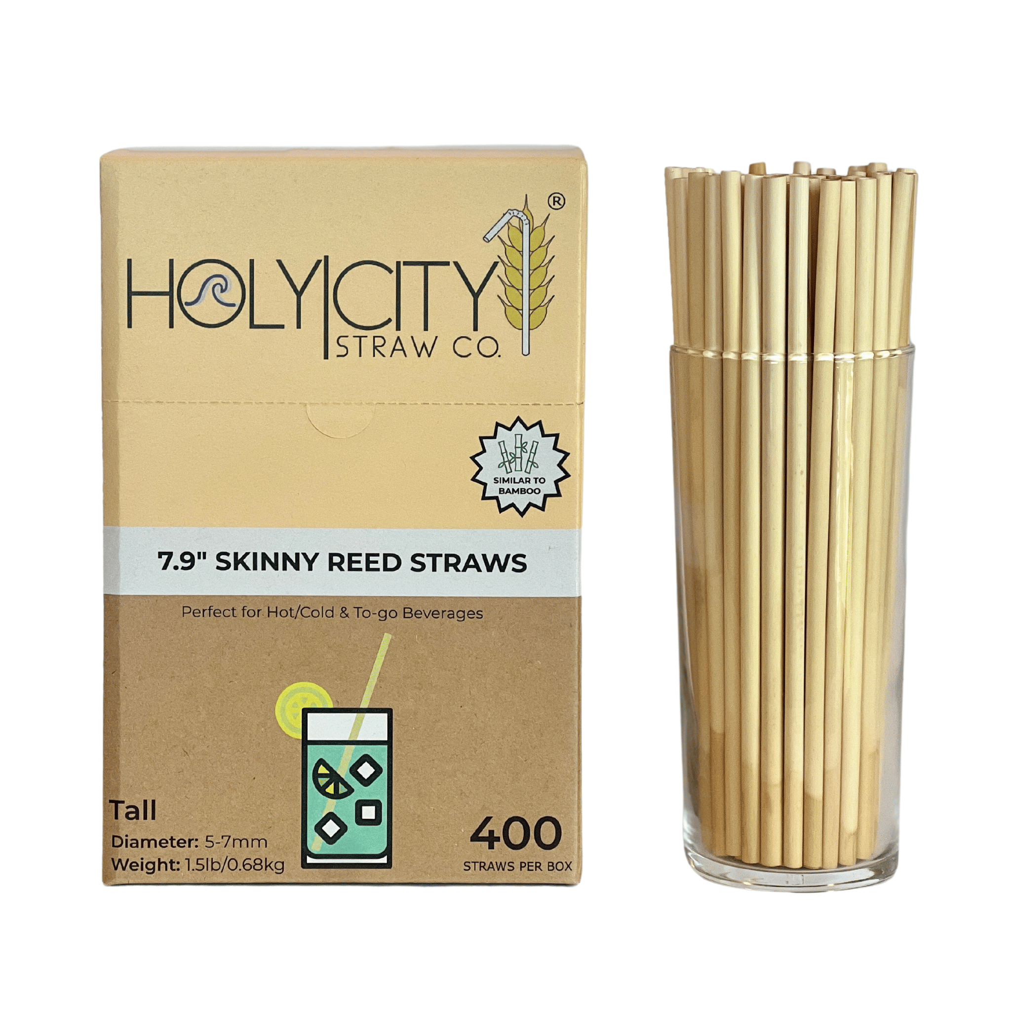 Holy City Straw Co. box of 400 7.9-inch skinny reed straws, suitable for hot, cold, and to-go beverages, displayed next to a glass filled with the straws.