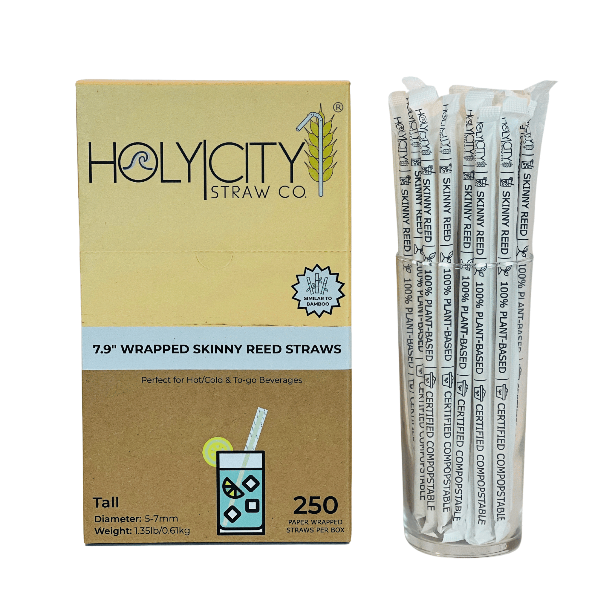 Holy City Straw Co. box of 250 7.9-inch wrapped skinny reed straws, displayed next to a glass of individually wrapped straws, perfect for hot, cold, and to-go beverages.