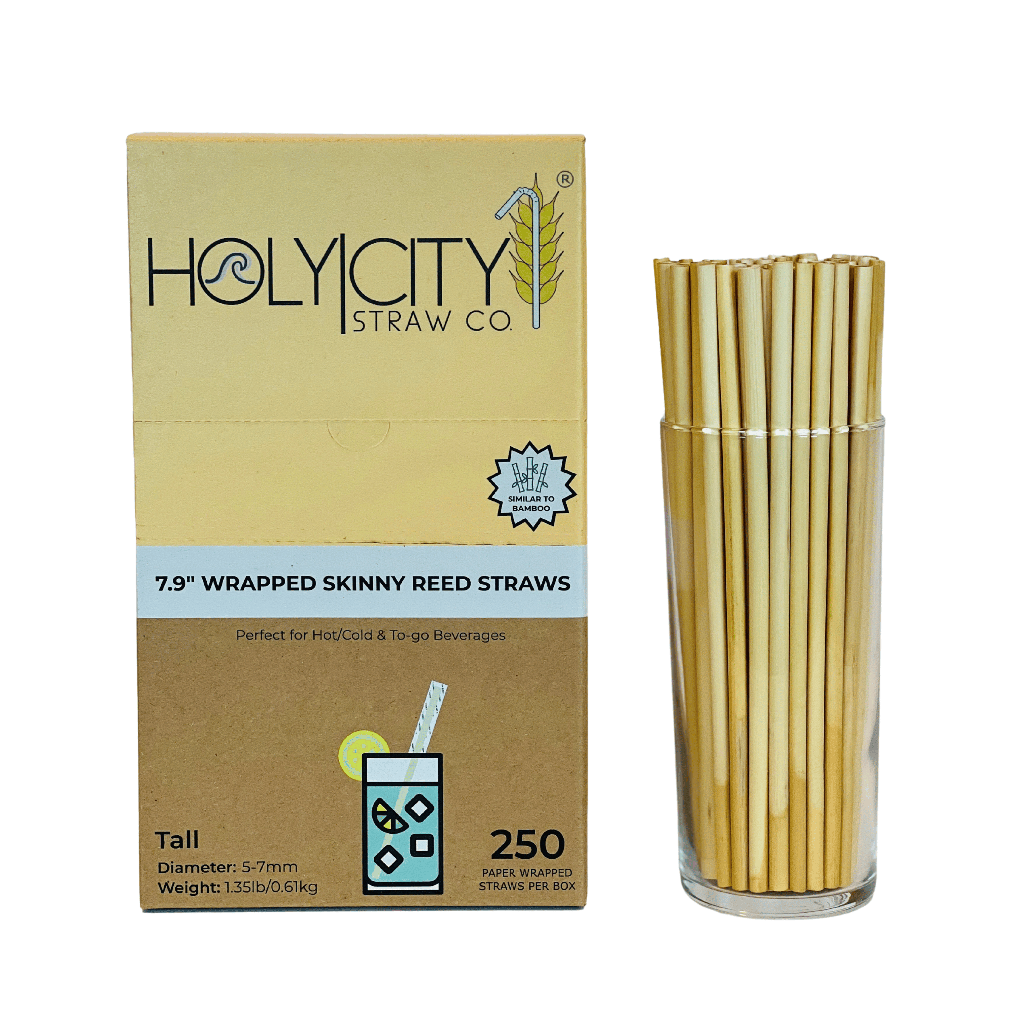 Side view of Holy City Straw Co. box of 250 7.9-inch wrapped skinny reed straws, displayed next to a glass of unwrapped straws, emphasizing the product's suitability for various beverages.