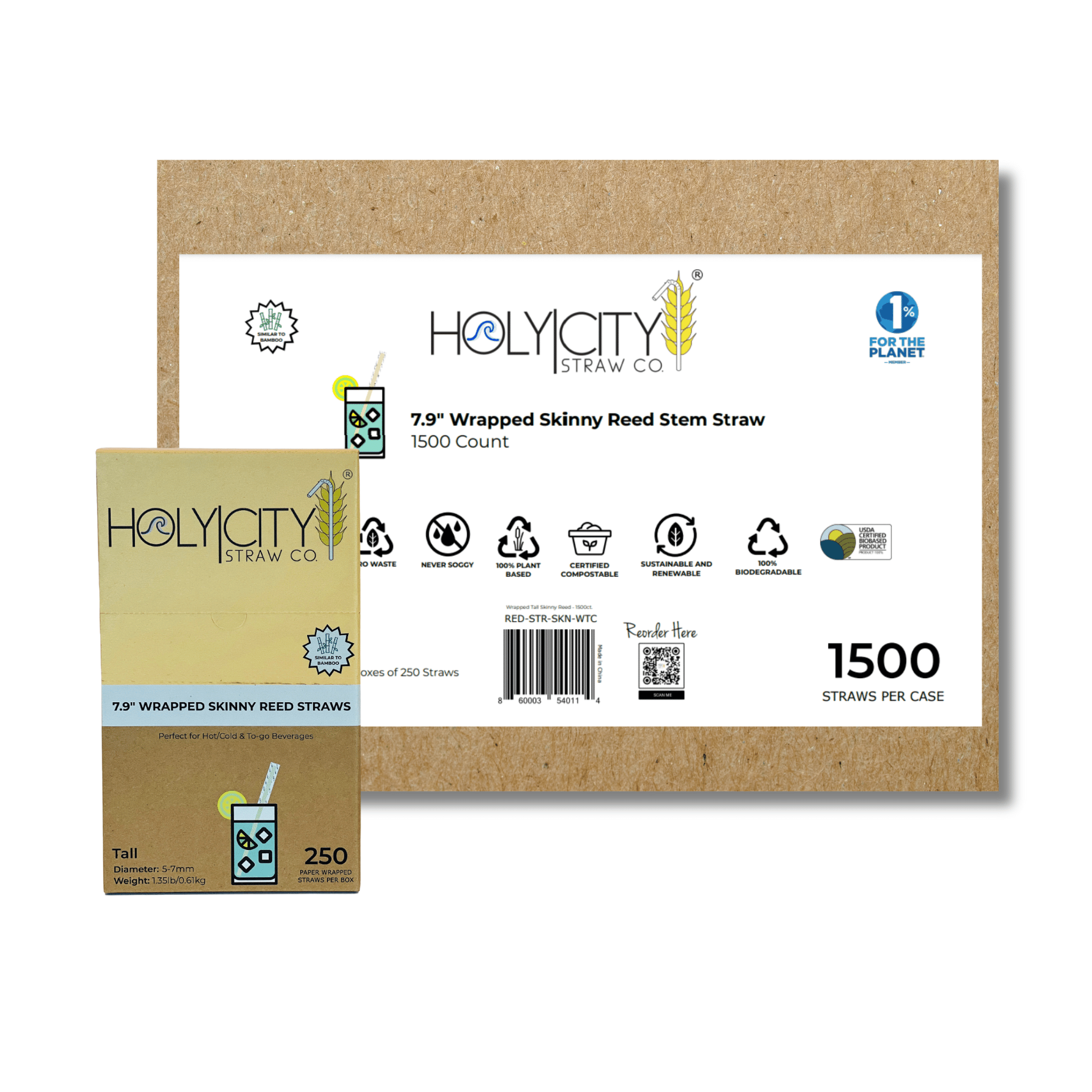 Holy City Straw Co. case of 1500 7.9-inch wrapped skinny reed stem straws, highlighting eco-friendly and compostable features, shown alongside a smaller box of 250 straws.