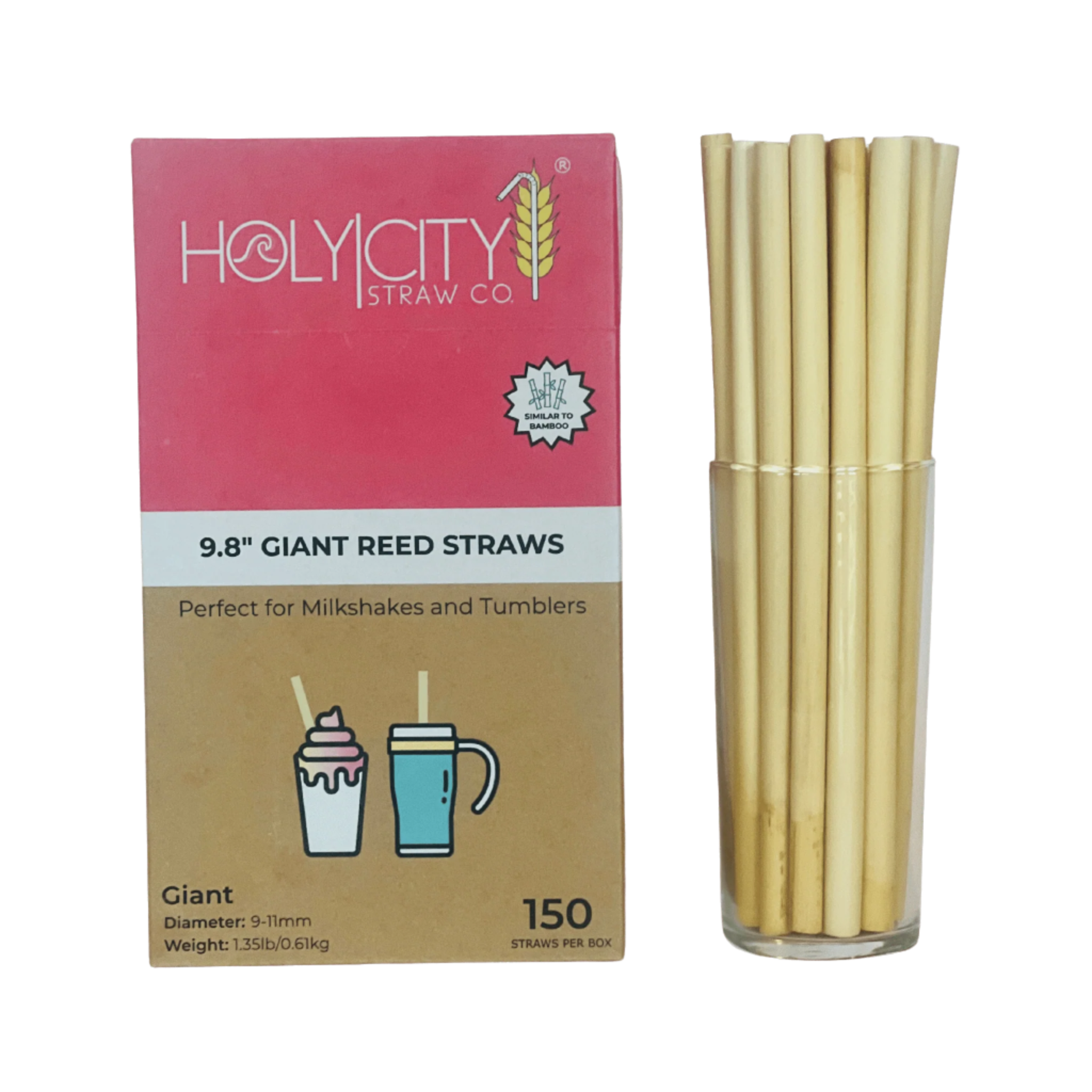 Holy City Straw Co. 9.8-inch Giant Reed Straws: A box of Holy City Straw Co. 9.8-inch giant reed straws, ideal for milkshakes and tumblers. The box contains 150 giant straws, illustrated with images of a milkshake and a tumbler. Next to the box, there is a clear glass filled with the giant reed straws.