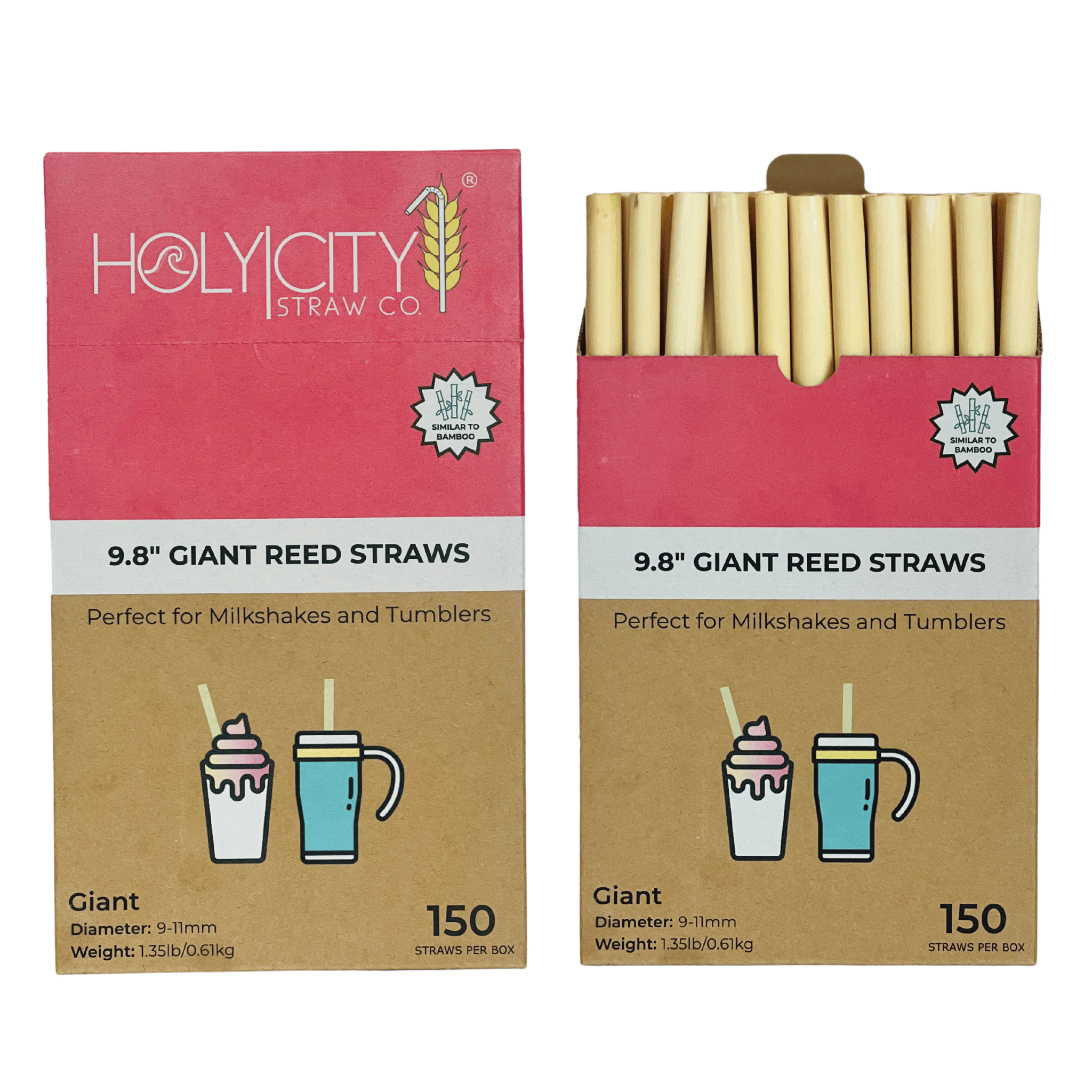 Holy City Straw Co. 9.8-inch Giant Reed Straws: Two boxes of Holy City Straw Co. 9.8-inch giant reed straws, ideal for milkshakes and tumblers. The box on the left is closed, showing the front label with images of a milkshake and a tumbler. The box on the right is open, revealing the straws inside. Each box contains 150 giant straws.