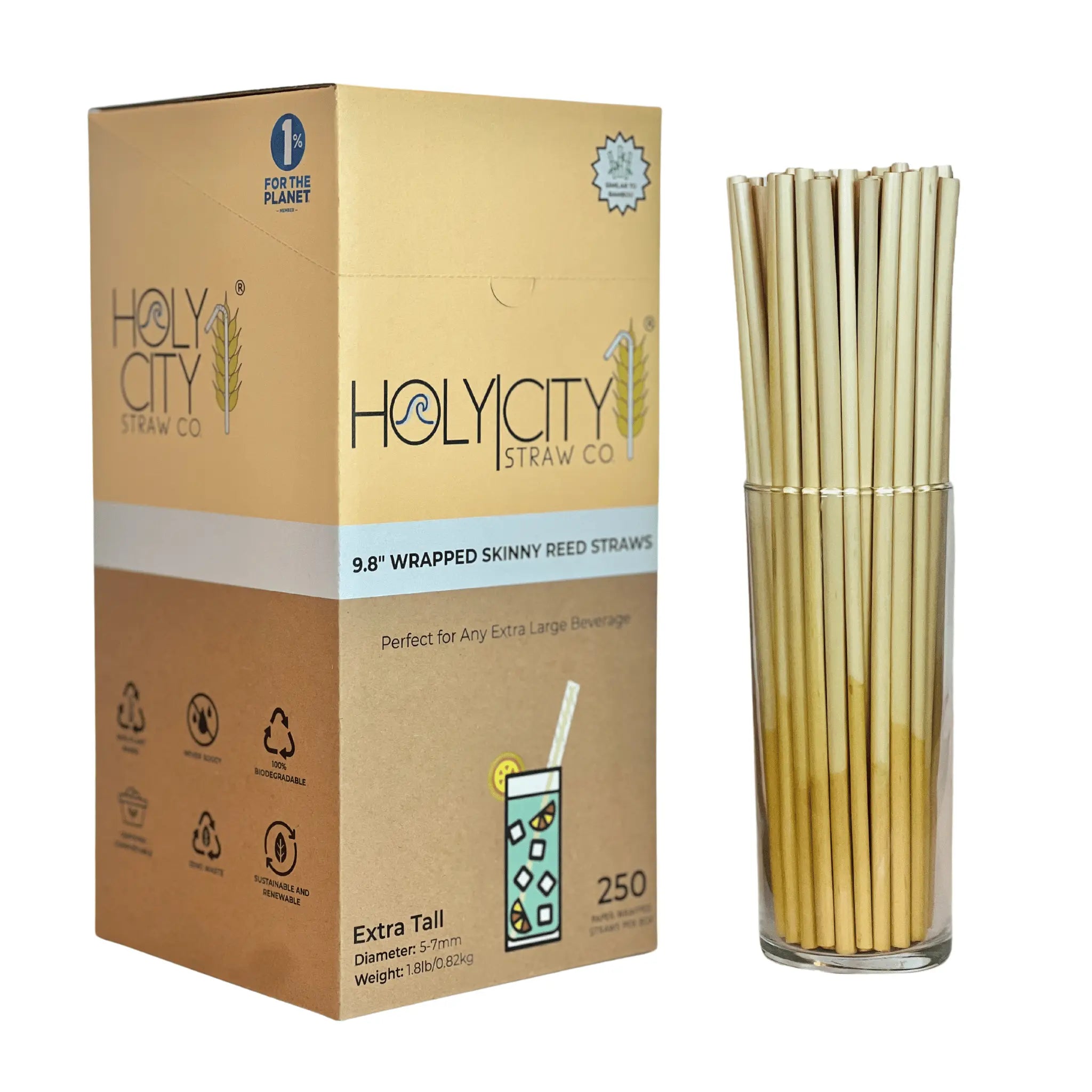 Left side view of Holy City Straw Co. box of 250 9.8-inch wrapped skinny reed straws, perfect for extra-large beverages, shown with a glass containing the straws.