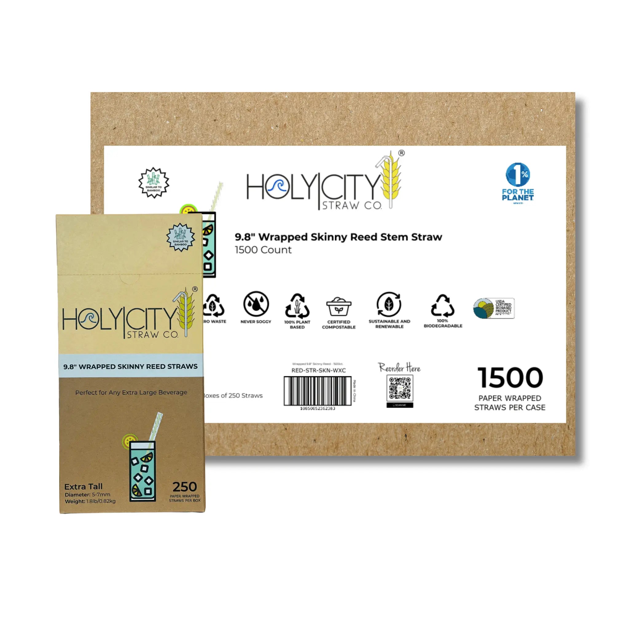 Holy City Straw Co. case of 1500 9.8-inch wrapped skinny reed stem straws, highlighting compostable and eco-friendly features, shown with a smaller box of 250 straws.