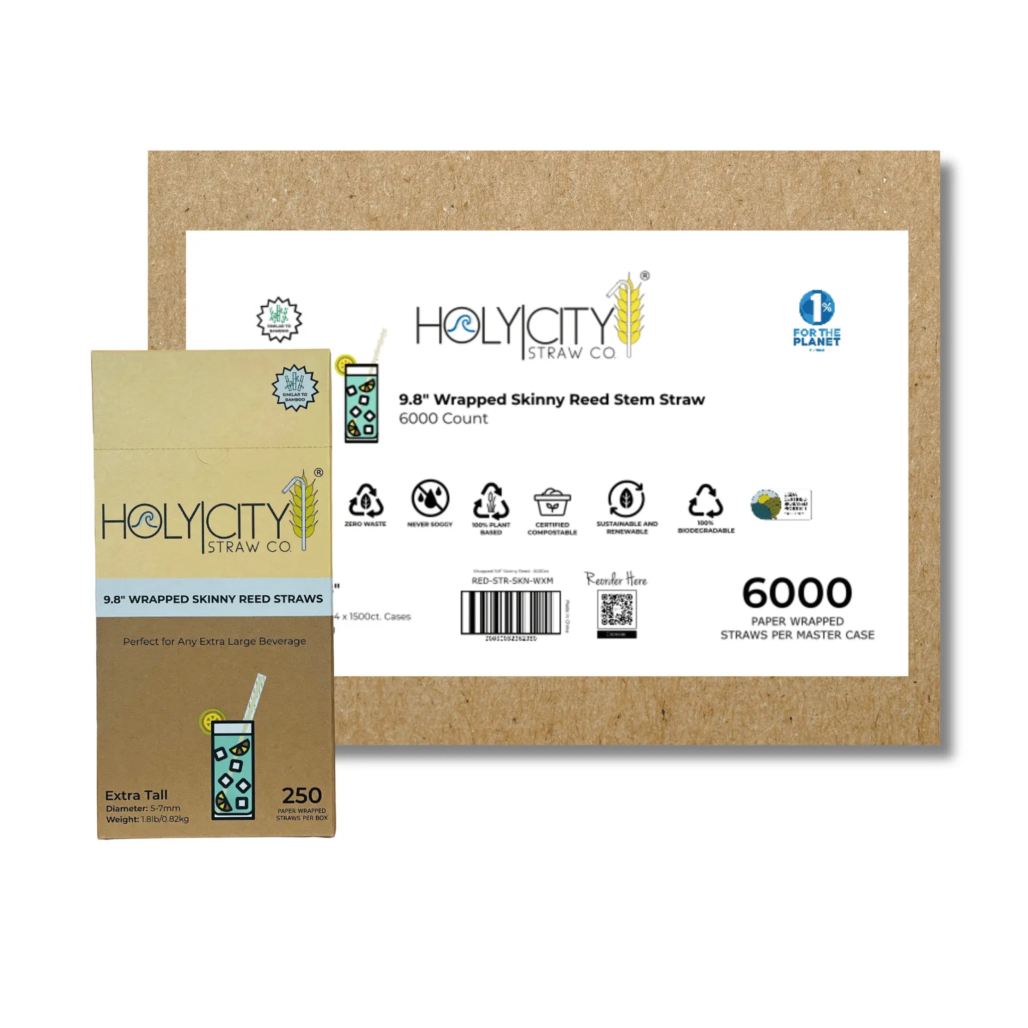 Master case of 6000 Holy City Straw Co. 9.8-inch wrapped skinny reed stem straws, emphasizing sustainable and renewable benefits, pictured with a smaller box of 250 straws.